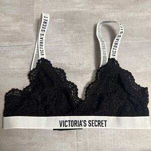 Victoria's Secret Black Lace Bralette with White‎ Logo Straps Size S/P